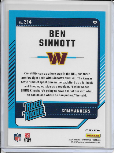 2024 PANINI DONRUSS BEN SINNOTT #314 RATED ROOKIE RED PANDORA - 第 2/2 張圖片