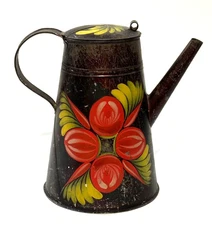 Outstanding 19th C. Toleware Coffee Pot Original Untouched Paint Decor, AAFA