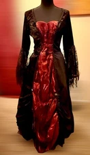 VTG Y2K Gothic Black Red Velvet Vampire Dress, Petticoat ,Choker & Fang Set sz L