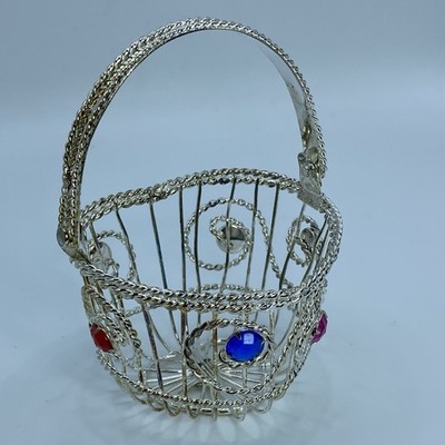 Vtg Silver Plated Woven Wire Heart Basket With Crystals Movable Handle Handmade