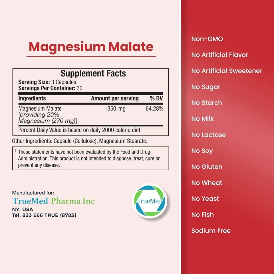 TrueMed Magnesio Malato Ácido Málico Apoyo Músculo 1350mg 90 Cápsulas Suplemento Foto 3 de 4