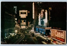 1960 New York City NY Postcard Time Square Birds Eye View Night Camel Buildings