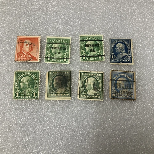 8 USED/Vtg./Antique Various Benjamin Franklin US Stamps. 1/2 cent- 20c. A DEAL!