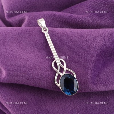 925 Sterling Silber London Blue Topaz Anhänger Art Deco Handgefertigt