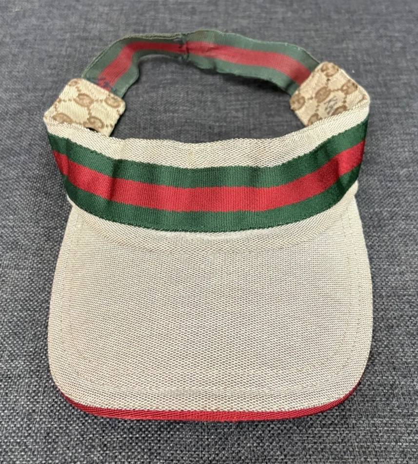 GUCCI Vtg Sun Visor Sherry Line Band GG Webbing Canvas Hat Cap