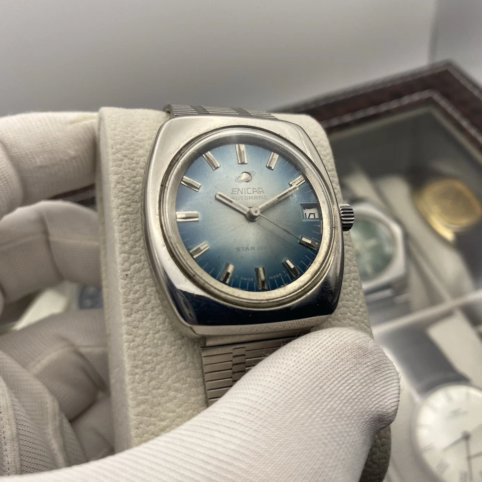 Reloj Automático Para Hombre ENICAR De Colección Esfera Azul Gardient Joyas Estrella Hecho en Suiza Años 70 Foto 2 de 4