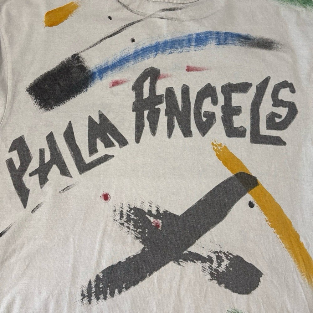 Palm Angels Men’s Small Off White Multicolor Brush Strokes Graphic Tee Shirt