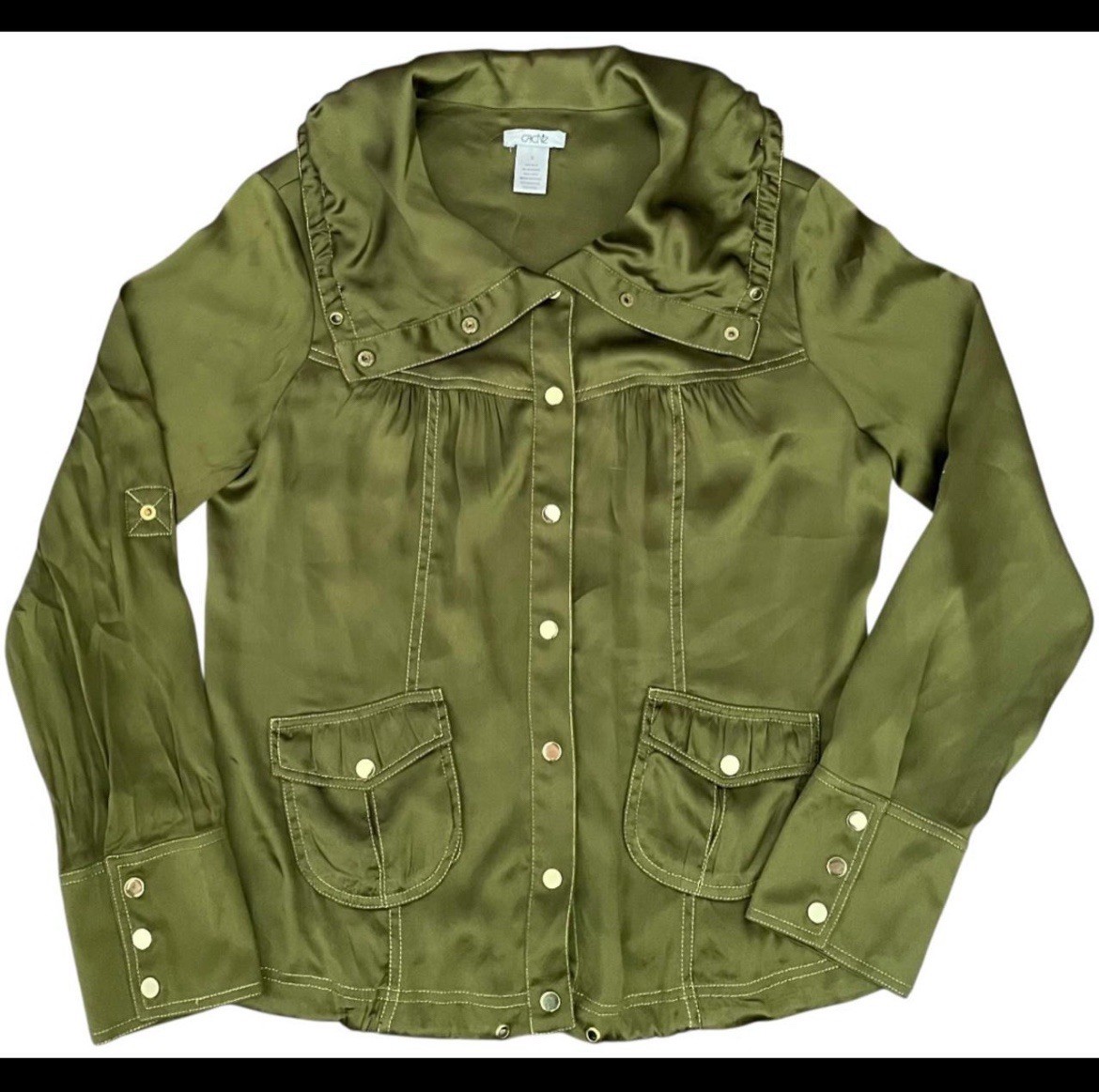 Green Silk Long Sleeve Button-Up Shirt with Front Pockets