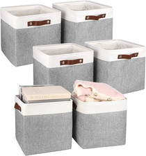 Stylish 6-Pc Fabric Storage Cubes with PU Leather Handles - Gray  White Bins