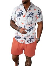 Men's 2 Piece Outfit Hawaiian Button Down Shirts and Shorts Set White Orange ...