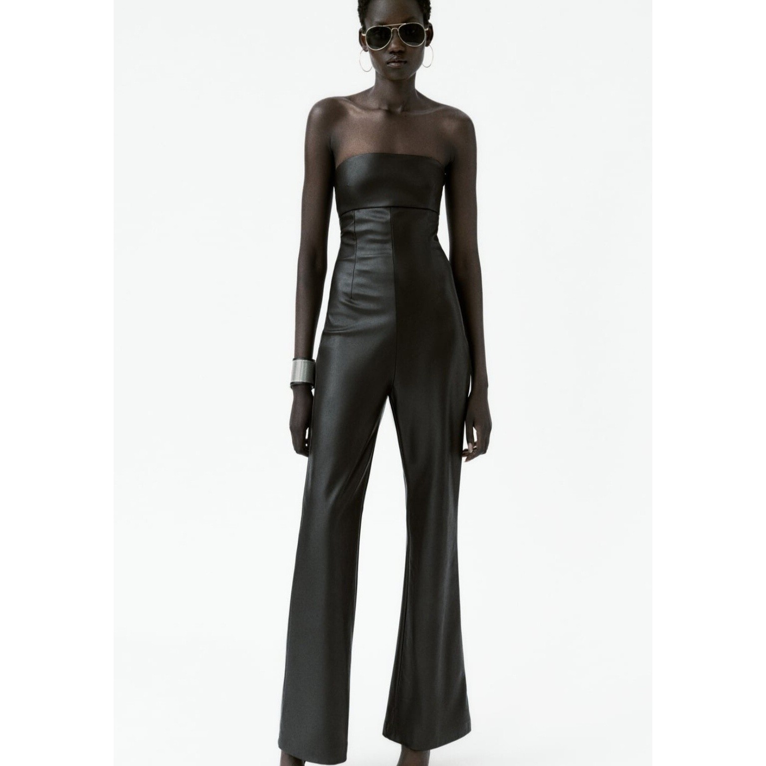 ZARA Black Faux Leather Strapless Jumpsuit SZ L image 2