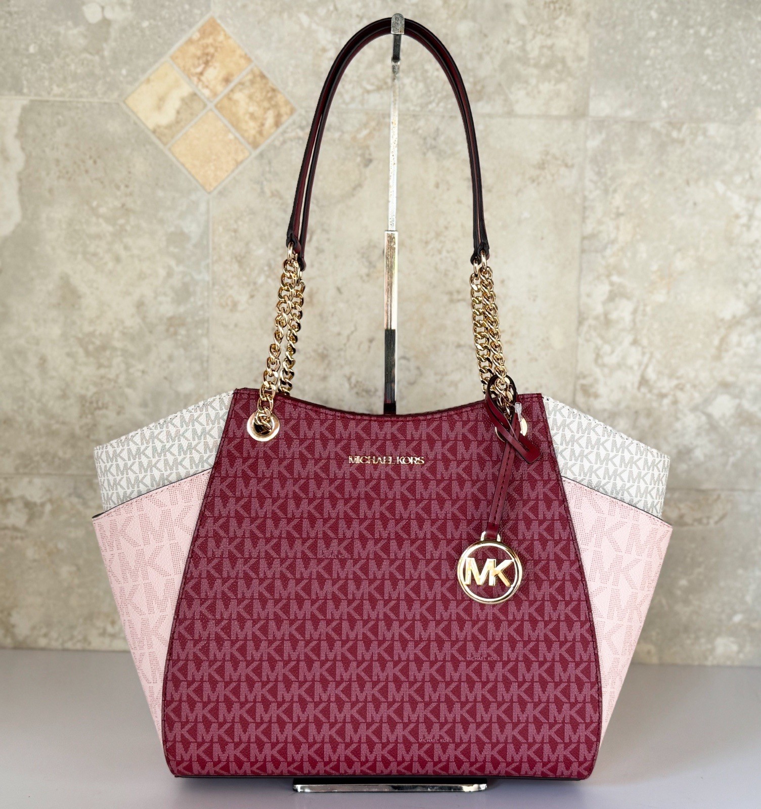 Michael Kors Jet Set Travel LG Shoulder Chain Tote Bag MK Color-Block Cherry