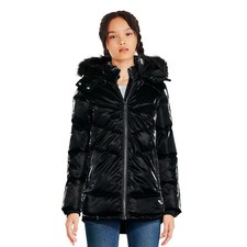 Justice Girls' Quilted Faux Leather Velvet Parka Black, XS