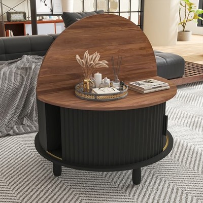 Wooden Coffee Table w/Storage Round & Sliding Cabinet Door for Living Room Home