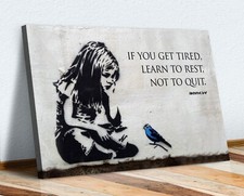 BANKSY GIRL BLUE BIRD QUOTE LEARN TO REST CANVAS WALL STREET ART PRINT GRAFFITI