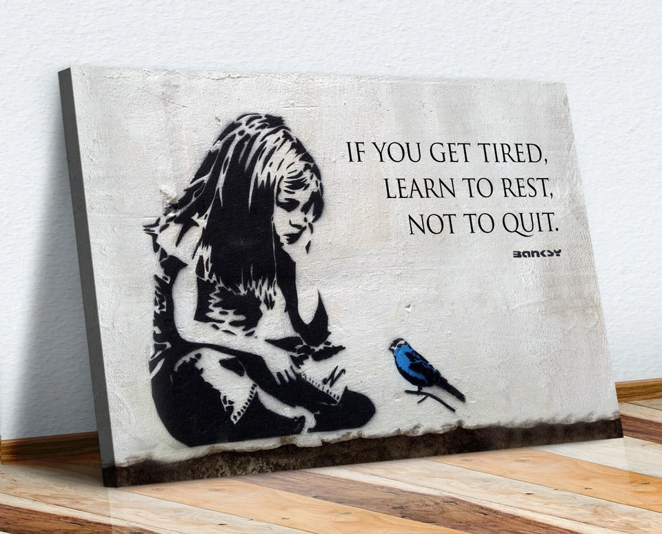 BANKSY GIRL BLUE BIRD QUOTE LEARN TO REST CANVAS WALL STREET ART PRINT GRAFFITI