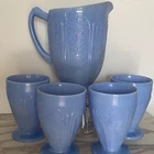 Pitcher & 4x Scallop Foot Tumblers Vintage Blue Delphite Jeanette Cherry Blossom