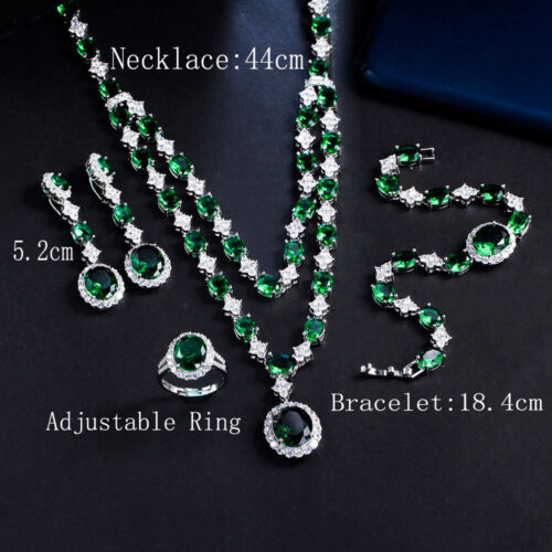 Edel Grün CZ Mehrlagig Hochzeit Halskette Ohrring Ring Armband Schmuck Set - Bild 4 von 9