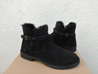 UGG ELISA BLACK SUEDE/ SHEEPSKIN ANKLE BUCKLE BOOTS, WOMEN US