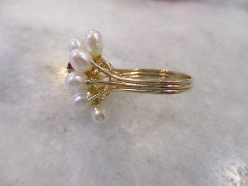 VINTAGE 14K YELLOW GOLD FRESHWATER PEARL & RUBY RING COCKTAIL - Sz 9.25 - 4.85gr - Picture 5 of 18