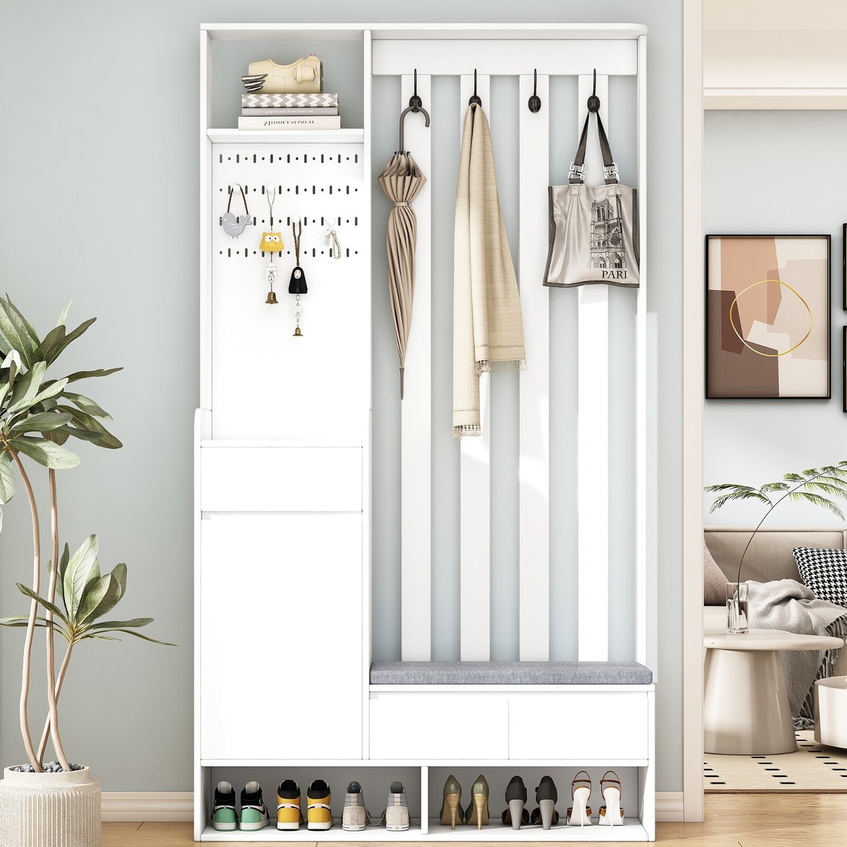 Modern Entryway Hall Tree Coat Rack Hanger with Storage Bench