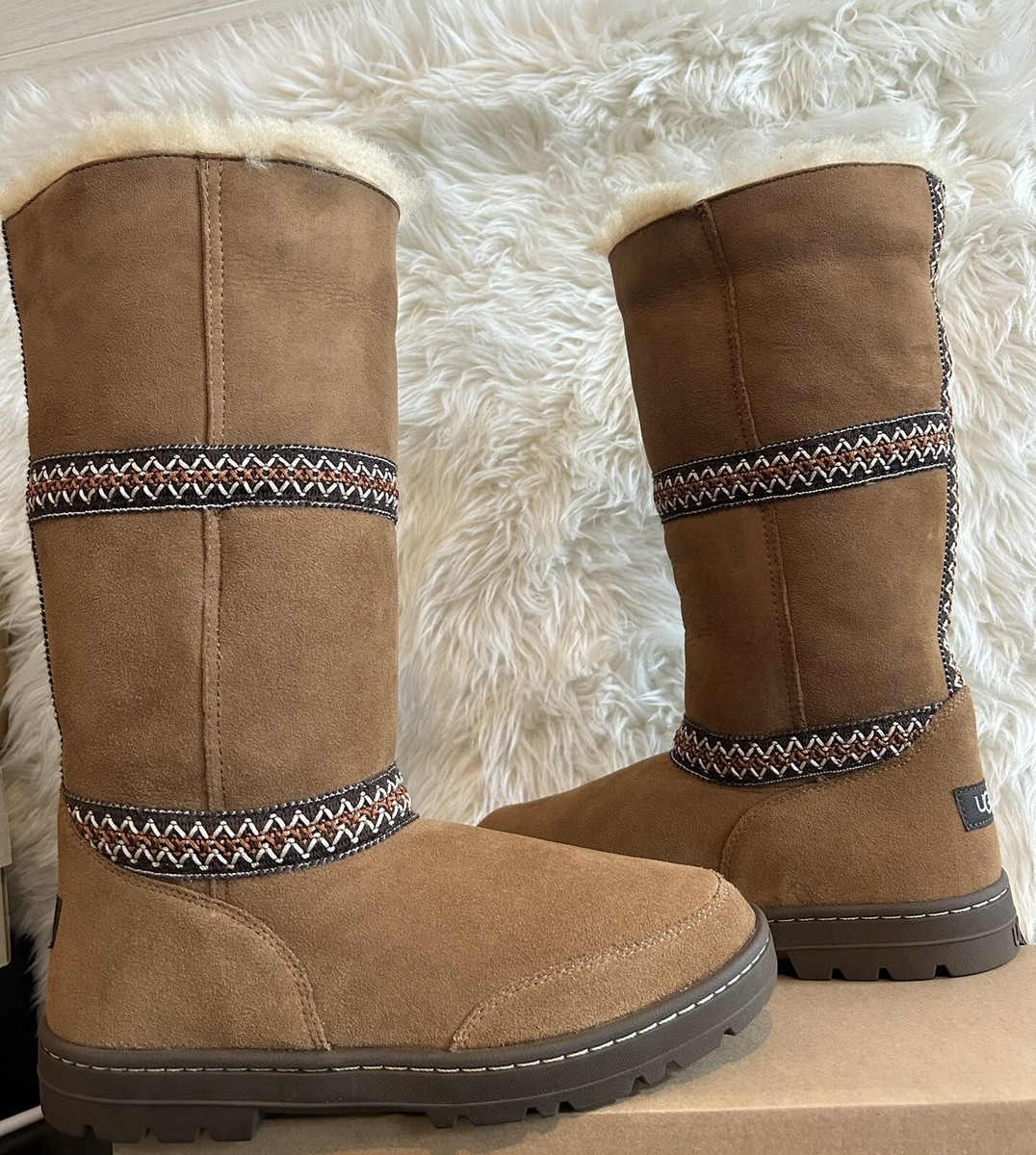 UGG SUNDANCE REVIVAL TASMAN BRAID CHESTNUT SUEDE FUR TALL BOOTS