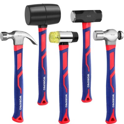 WORKPRO Hammer Set 5PC 16oz Claw Hammer 32oz Rubber Mallet 3lb Sledge Hammer Set