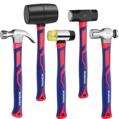 WORKPRO Hammer Set 5PC 16oz Claw Hammer 32oz Rubber Mallet 3lb Sledge Hammer Set