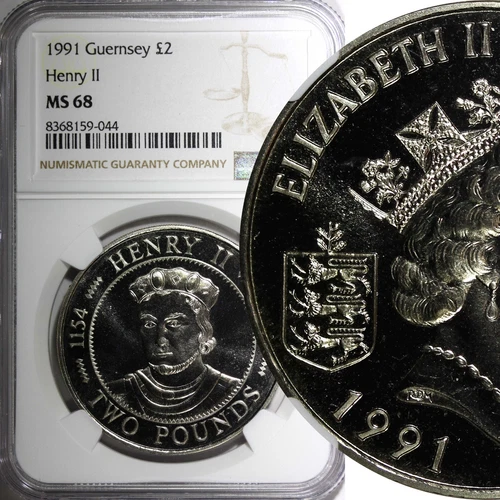 GUERNSEY Henry II  1991 2 Pounds CROWN Mint-1200 NGC MS68 TOP GRADED KM# 54 (44)