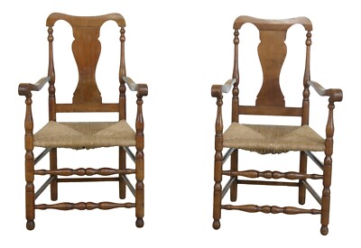 F32486EC: Pair Signed WALLACE NUTTING Rush Seat Armchairs