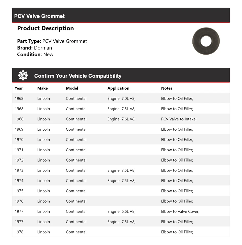 Ojal de válvula PCV para Lincoln Continental Dorman 1968-1978 1969 1970 1971 1972 Foto 2 de 4