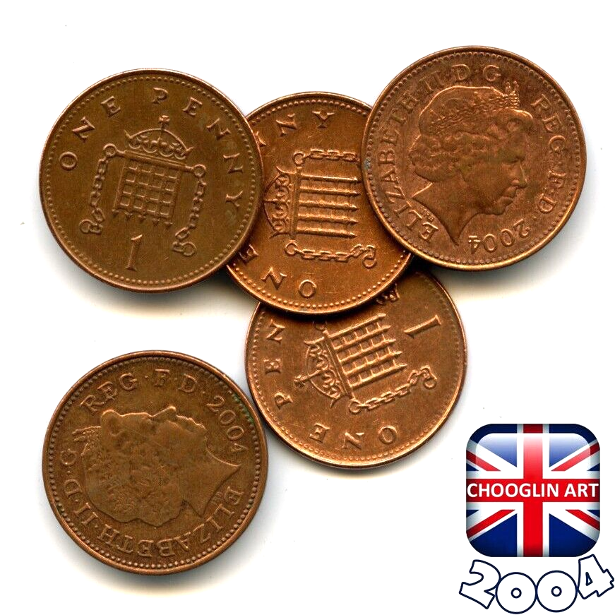 Set of (x5) BRITISH 2004 ELIZABETH II PENNY 1p coins, 22 Years Old