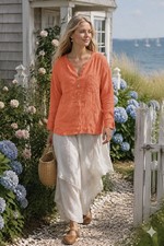 Talbots Petite Orange 100% Linen Long Sleeve Button Neck Tunic Blouse XLP
