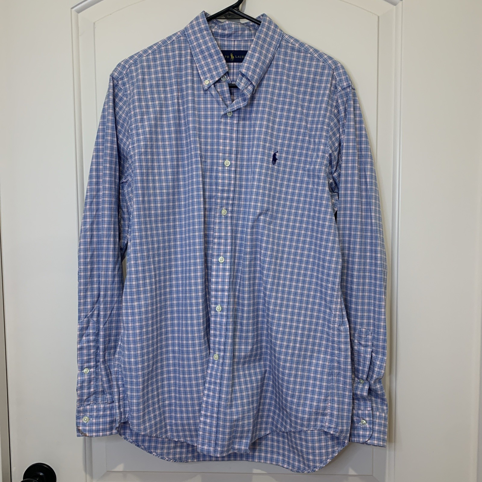 Ralph Lauren Button Up Shirt Men M 100% Cotton Blue Pink Plaid Preppy