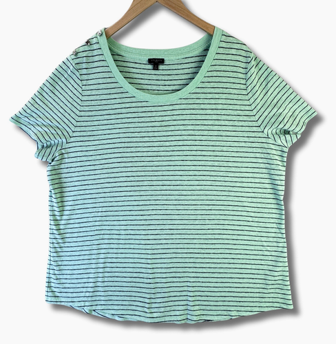 Talbots Top Womens 2X Green Black Striped Linen Blend Button Detail - Picture 2 of 10