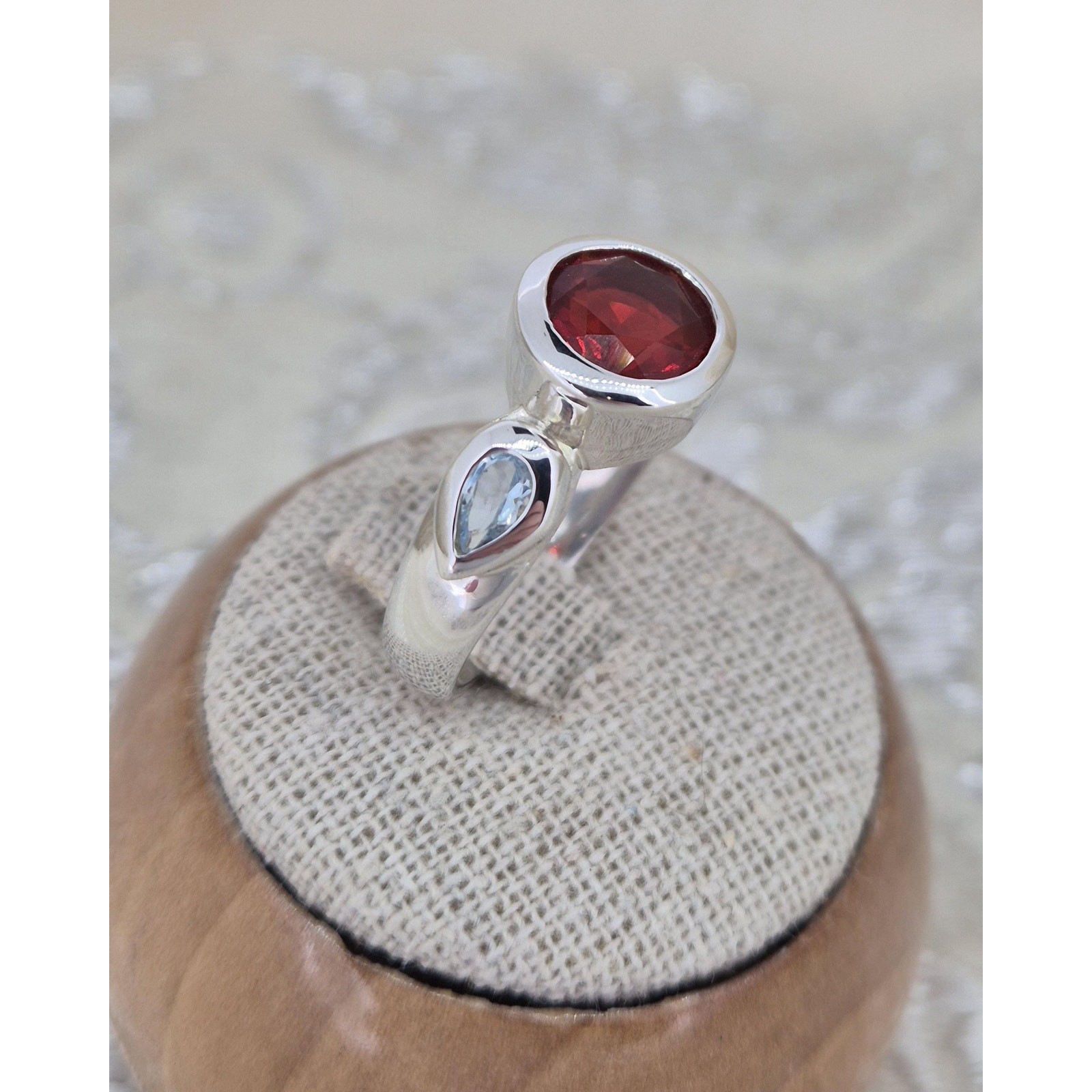 Mexican Fire Opal & Aquamarine Silver Statement Ring Size R image 3