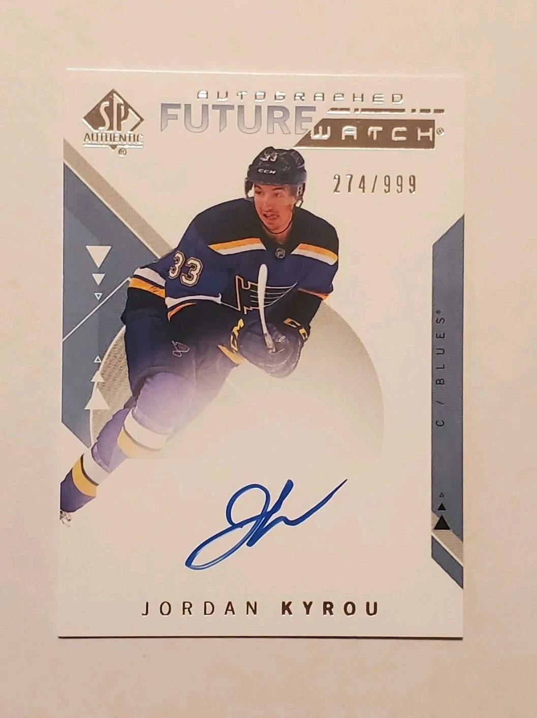 2018-19 UD SP AUTHENTIC #208 JORDAN KYROU FUTURE WATCH AUTO ROOKIE /999 RC