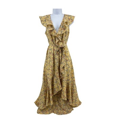 Max Studio Wrap Midi Dress S Yellow Floral Asymmetrical Hem Ruffle Cottage Boho