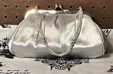 Silver Satin Clutch Bag Purse w/ Chain Strap, Kiss Lock Closure