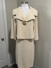ST.JOHN Ivory Gold Metallic Tweed Boucle Knit Skirt Suit Jacket sz 8 Skirt sz 10