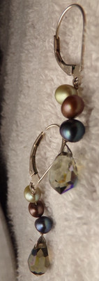 VTG STERLING SILVER HALLMARK INDIA DROP NAVY CHAMPAGNE CHOCOLATE PEARL EARRINGS