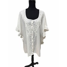 Natural Life White Embroidered Cotton Boho Tunic Top OS One Size Flutter Sleeve