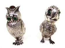 Antica statuina spagnola in argento sterling gufo e anatra sale e pepe shaker
