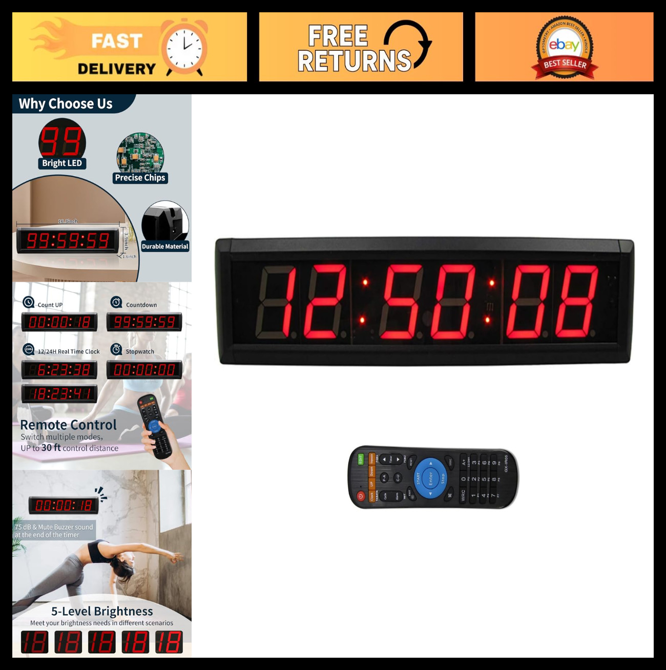 Large LED Digital Wall Clock with Remote, Stopwatch Timer, Countdown, 12/24 Hour