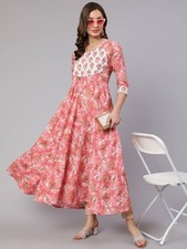 Pink Kurta Women Printed Flared Anarkali Kurti Gown Dress NEW