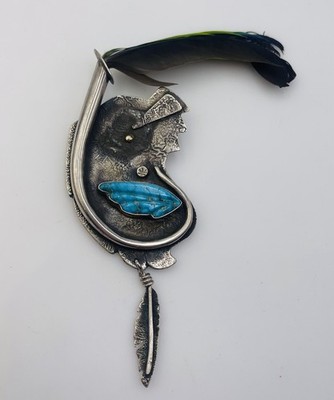 Jolene Eustace Cochiti Vintage Zuni Sterling Silver Turquoise Feather Brooch Pin