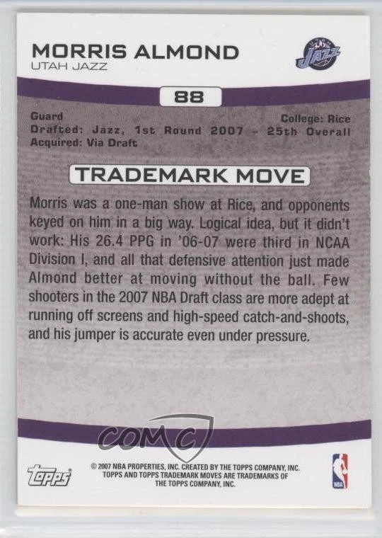2007-08 Topps Trademark Moves Wood Hardwood /199 Morris Almond #88 Rookie RC - Image 2 of 2
