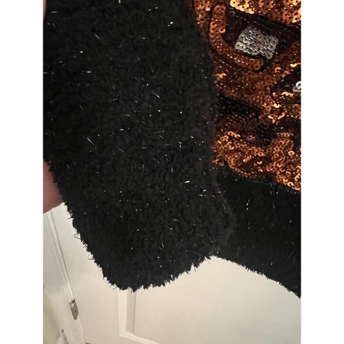 Halloween Poof Women's L Black Sweater Sequin Pug Dog Pumpkin Witchy Holiday - Picture 5 of 7