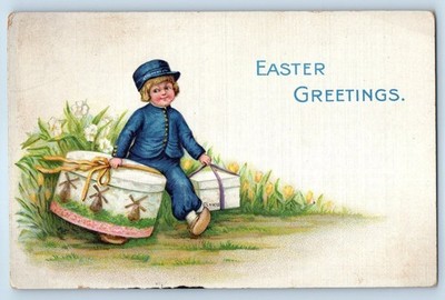 c1910's Easter Greetings Dutch Boy With Gifts Boxes Flowers Antique Postcard