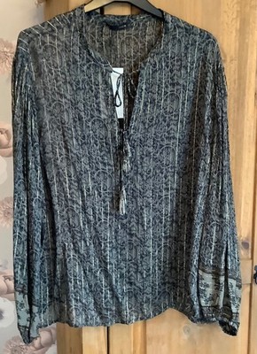 Zara Metallfaden bedrucktes Top Gr. XL 14 16 lange volle Ärmel Perlen zum Binden neu mit Etikett